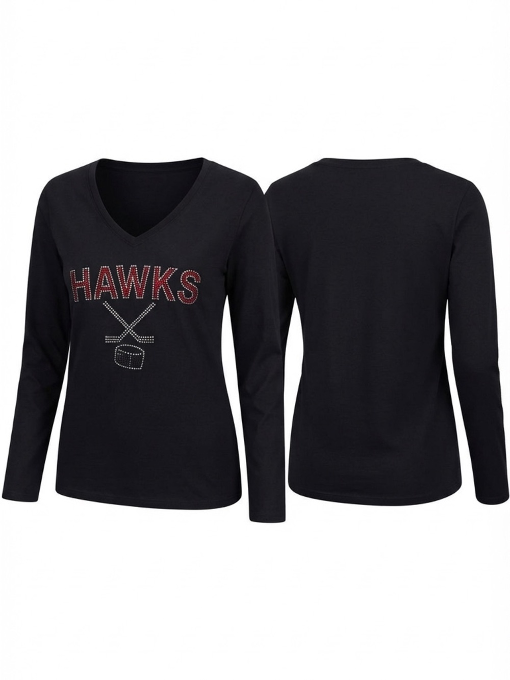 🆕 Isaac’s Designs Casual Women’s HAWKS Rhinestone V-Neck Long Sleeve Tee XS-3XL